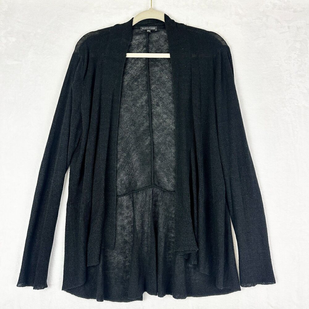 Eileen Fisher Linen Cardigan Size Large Black Open Front Minimalist Classic